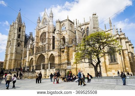 Leon, Spain, 05/2018: View On The Cathedral Of Leon, Also Called The House Of Light Or The Pulchra L
