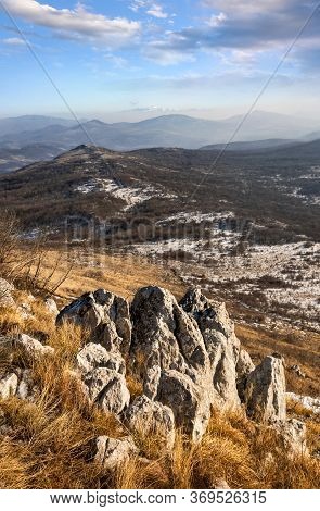 View On Valley Nature Mountain Landscape. Mountain Layers Landscape. Winter In Mountain Meadow Lands