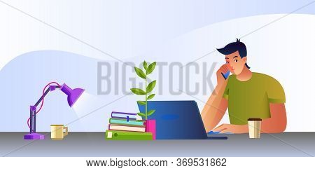 Freelance Banner With Young Man Working At Home During Pandemic. Online Communication Concept With L