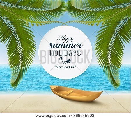 Summer Holidays Background. Tropical Paradise Beach With White Sand, Coco Palms And A Fishing Boat. 