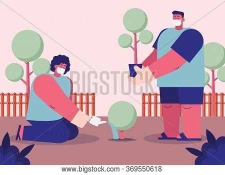 Couple Characters In Medical Mask Care Of Houseplants. Man And Woman Watering Plant At Home Enjoying