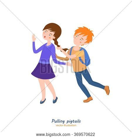 Boy In Love. Teenager Behavior Concept. School Bullying. Pigtails Pulling. Editable Vector Illustrat