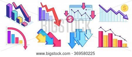 Fall Down Chart. Finance Crisis, Business Problem And Economy Drop. Down Arrow Graph, Loss And Decre