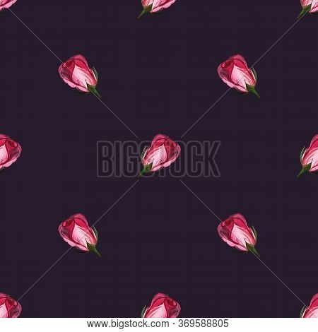 Floral Seamless Pattern Made Of Roses. Acrilic Painting With Rose Flower Buds On Darc Claret Backgro