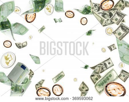 Hundred Dollar Bill. Falling Euro Money, Bitcoin Isolated Background. American Cryptocash