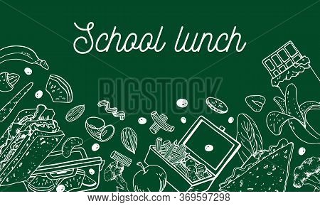 School Lunch Composition. Food Containers, Sandwiches, Luncbox Nuts And Fruits On The Bottom Of The 
