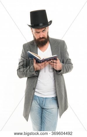 Artistic Person. Talented Artist. Bearded Man Read Book Isolated On White. Poetry Reading. Inspirati