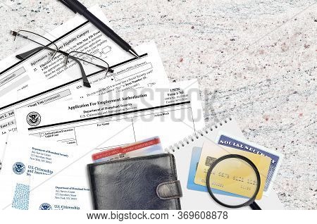 Uscis Form I-765 Application For Employment Authorization Lies On Flat Lay Office Table And Ready To