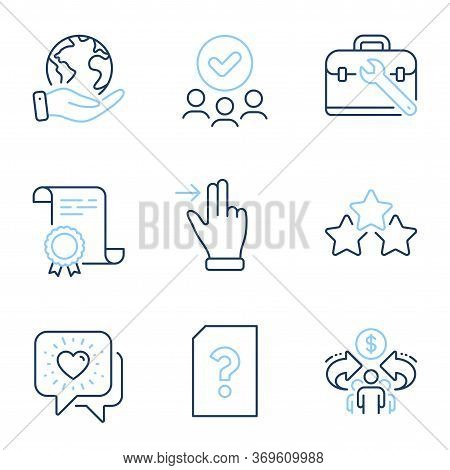 Unknown File, Ranking Stars And Touchscreen Gesture Line Icons Set. Diploma Certificate, Save Planet
