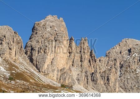 Selva Di Val Gardena, Italy - October 27, 2014: Dolomites Are A Mountain Range Of Special Geological