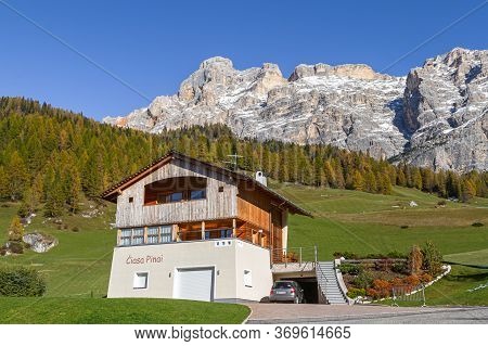 San Vigilio, Italy - October 27, 2014: Idyllic Hotel Ciasa Pinai In Val Badia In South Tirol