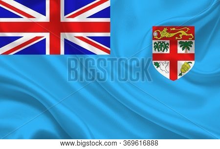 Fiji Country Flag On Wavy Silk Fabric Background Panorama