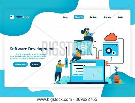 Vector Landing Page Design Of Software Development. Flowchart In Planning And Designing Software. Il