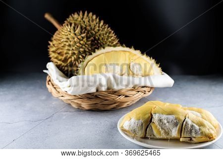 Close Up Durian The King Of Fruit In Thailand On Wooden Basket.summer Tropical Thai Traditional Frui