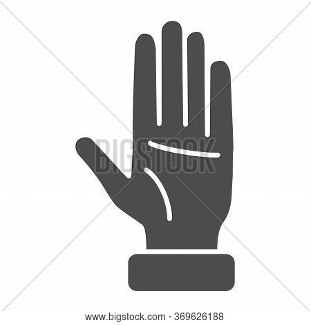 Raised Hand Solid Icon, Gestures Concept, Open Palm Sign On White Background, Hand Up Icon In Glyph 