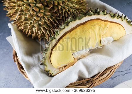 Close Up Durian The King Of Fruit In Thailand On Wooden Basket.summer Tropical Thai Traditional Frui
