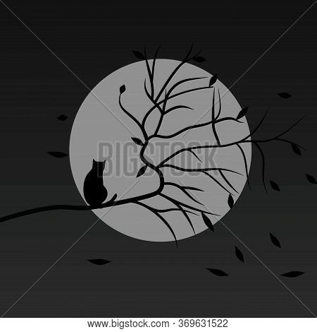 Silhouette Cat On Tree Branches And The Leaves Blown With The Full Moon.