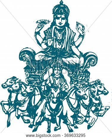 Sketch Of Lord Surya Deva Or Surya Riding A Horse Editable Vector Outline Illustration