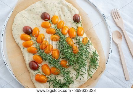 Home Made Gardenscape Focaccia Bread On A Table