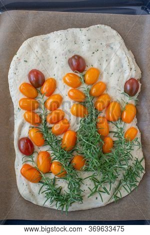 Home Made Gardenscape Focaccia Bread On A Table