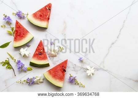 Colorful Fresh Fruits Watermelon Healthy Foods For Health Care With Purple Flowers ,jasmine Of Lifes
