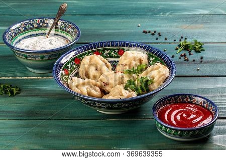 Traditional Steamed Dumplings Manti. Traditional Uzbek Oriental Cuisine. Top View
