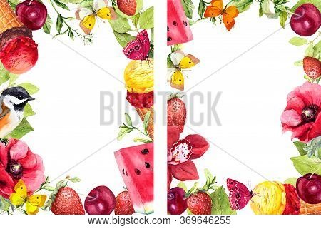 Summer Fruits, Berries, Icecream, Flowers, Bird And Butterflies. Watercolor Flyer 5x7