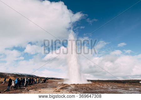 Geyser Valley In The Southwest Of Iceland. The Famous Tourist Attraction Geysir. Geothermal Zone Hau