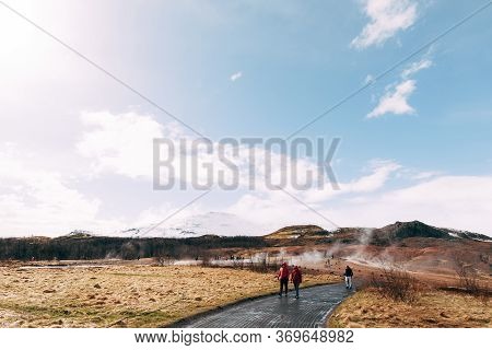 Geyser Valley In The Southwest Of Iceland. The Famous Tourist Attraction Geysir. Geothermal Zone Hau
