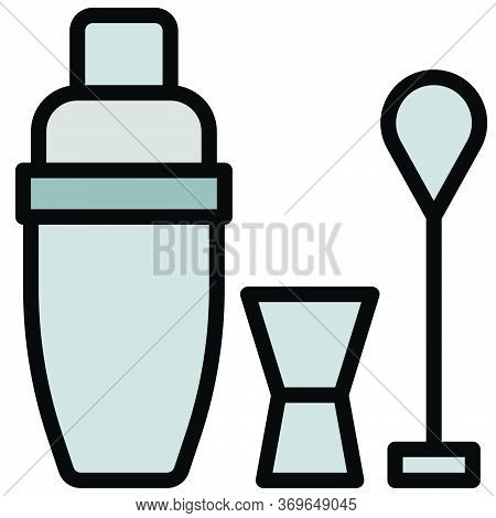 Bartending Equipment Filled Icon, Shaker Jigger And Bar Spoon