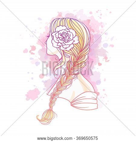 Girl With Tress. Wedding  Hair Style With Flowers From The Back, Hand Drawn Vector Outline Illustrat