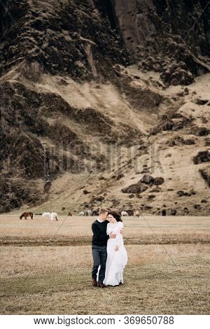 Wedding Couple On The Background Of A Rocky Mountain And Grazing Horses In Iceland. The Bride And Gr