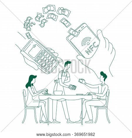Electronic Wallet Benefit, E-payment Thin Line Concept Vector Illustration. Person Paying Bill With 