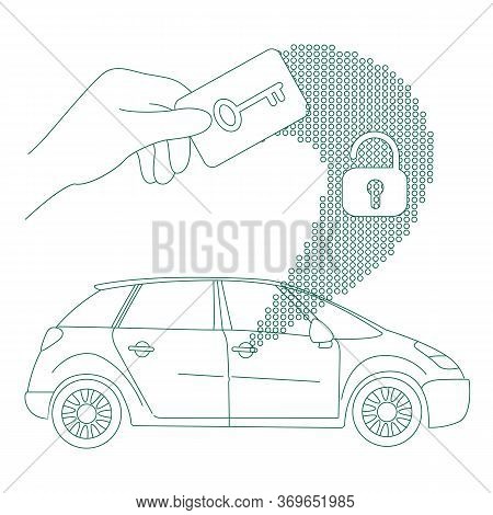 Car Access, Keyless Lock Thin Line Concept Vector Illustration. Door Unlock Card, Person With Electr
