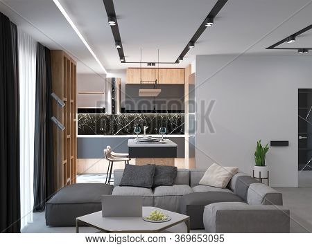 3d Rendering Of Modern Kithcen And Living Room Interior
