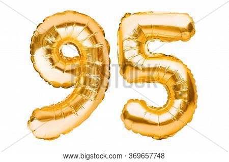 Number 95 Ninety Five Made Of Golden Inflatable Balloons Isolated On White. Helium Balloons, Gold Fo