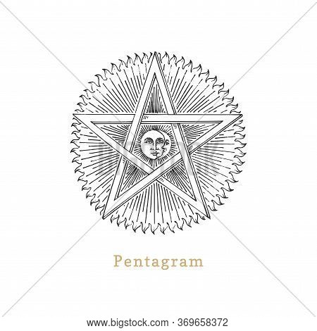 Pentagram With Sun And Crescent, Vector Illustration In Engraving Style. Vintage Pastiche Of Esoteri
