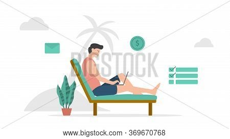 Digital Nomad Freelancer Work On Beach With Modern Flat Style And Minimalist Green Color Theme Vecto