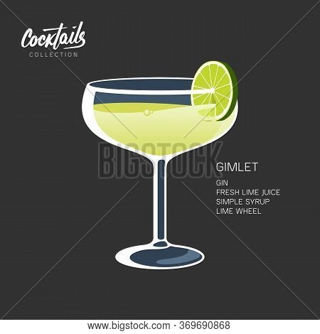 Cocktail Gimlet Glass Lime Wheel Black Vector Illustration