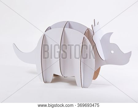 Dinosaur Triceratops Made Of Cardboard. Idea For The Birthday Party, Dino Party Or Photo Session