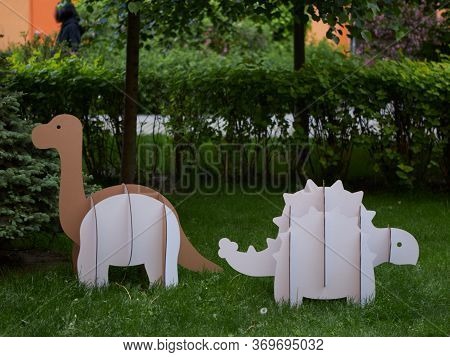Dinosaur Ankylosaurus And Brontosaurus Made Of Cardboard. Idea For The Birthday Party, Dino Party Or