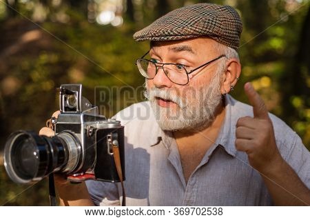 Make Perfect Frame. Landscape Nature Photo. Old Photographer Filming. Manual Settings. Pension Hobby