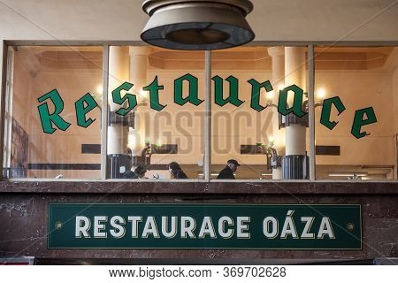 Prague, Czechia - November 3, 2019: Restaurace Oaza, A Typical Czech Restaurant In Smichov Station, 