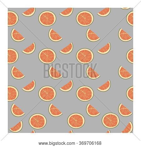 Seamless Pattern With Citrus Slices, Pink Grapefruit Parts On A Blue Background