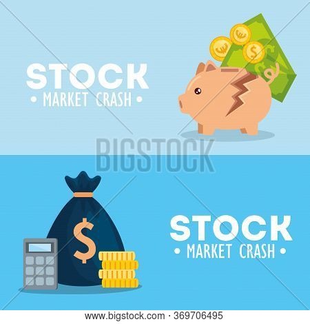 Set Poster Of Stock Market Crash With Icons Vector Illustration Design