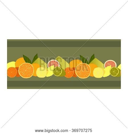Seamless Border, An Ornament With Painted Citrus Fruits Of Orange, Lime, Mandarin, Pomelo, Lemon On 
