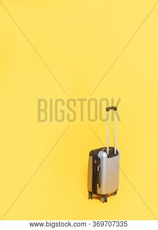 Travel Bag With Zipping Number Code Locked. Silver Suitcase Number Code Lock On Yellow Background Wi