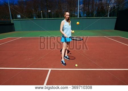 Happy Beautiful Sexy Girl Playing Tennis On The Court. Sport And Recreation, Leisure