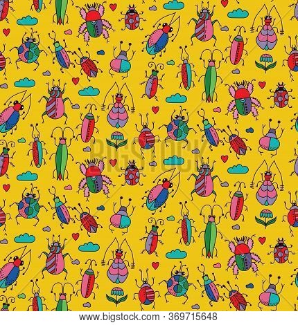 Colorful Childish Doodle Bugs Insects Seamless Vector Pattern