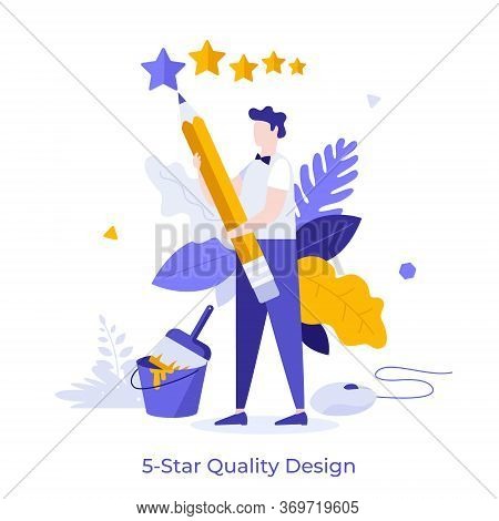 Man Holding Pencil And Draw 5 Starts With It. Concept Of Evaluation Of Design Quality, Professional 